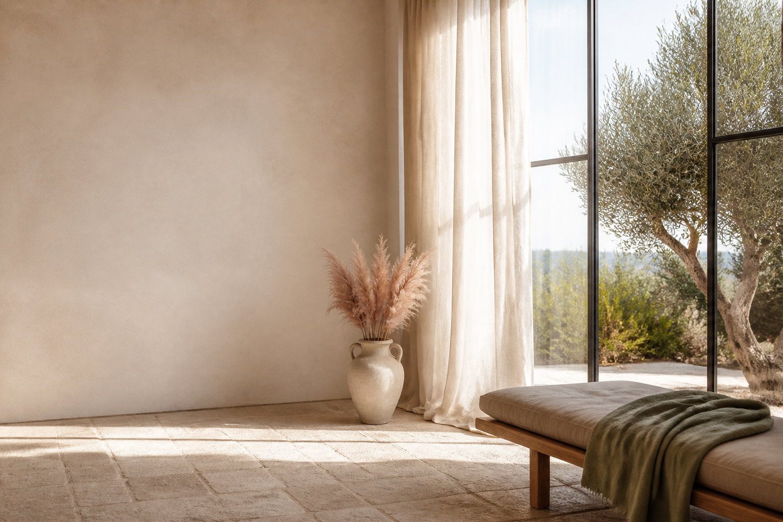 A sunlit Mediterranean sanctuary interior with linen curtains, a stone floor and a view of an olive tree